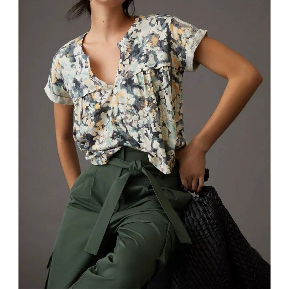 Pilcro Anthropologie $58 Babydoll Henley Tee Boxy V Neck watercolor Small NEW